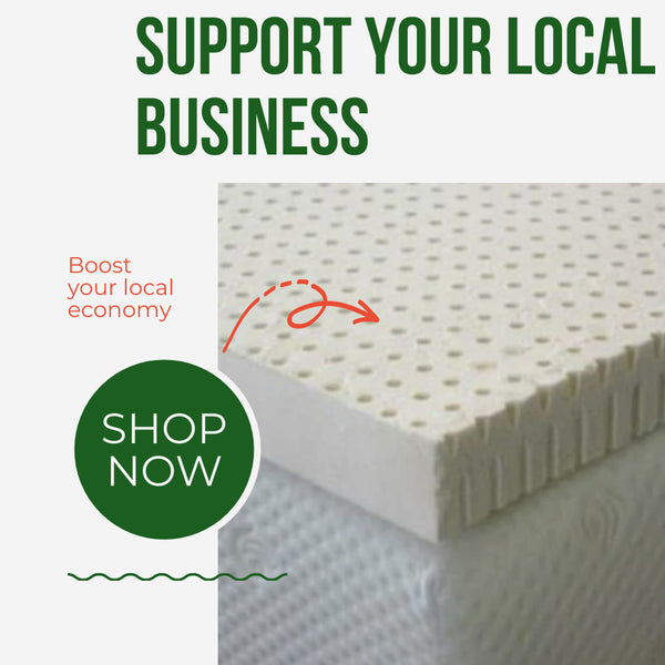 Organic latex mattress close-up promoting local business support.
