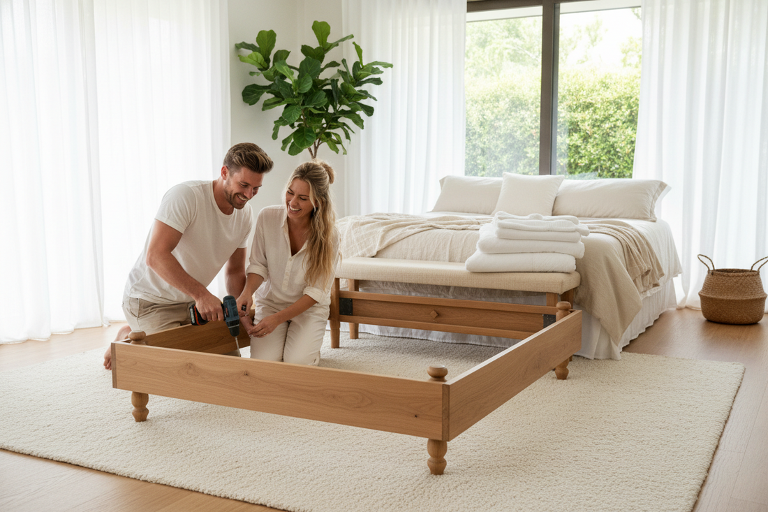 A couple attaching optional wood legs to the heavy duty bedframe on thier Canadian purchase 