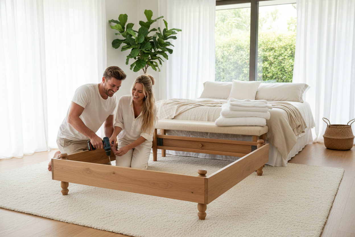 A couple attaching optional wood legs to the heavy duty bedframe on thier Canadian purchase 