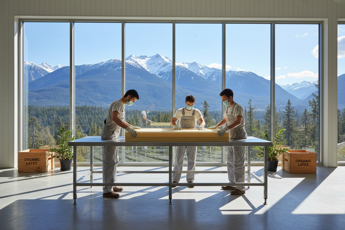 Latex mattress being assembled in the factory in British Columbia with mountain view in the background 