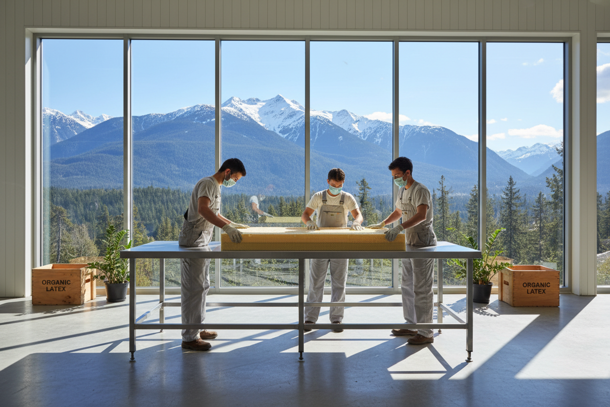 Latex mattress being assembled in the factory in British Columbia with mountain view in the background 