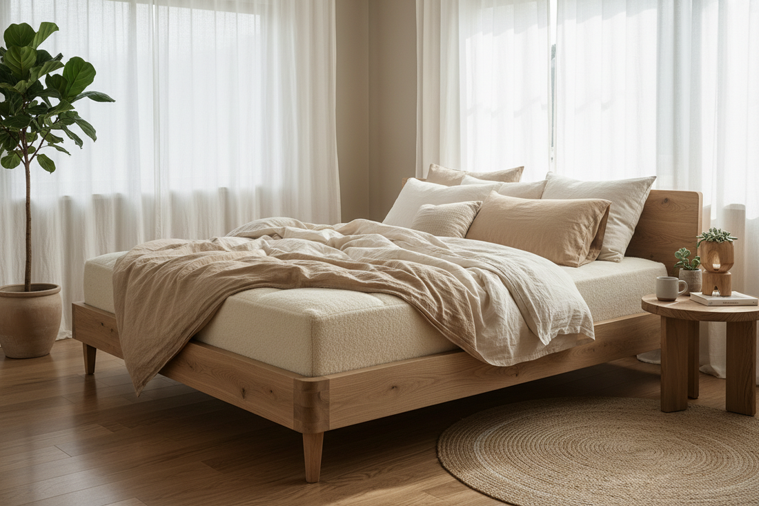 Organic Mattress on wood bedframe. Topped with Natural Bedding in a peaceful bedroom 