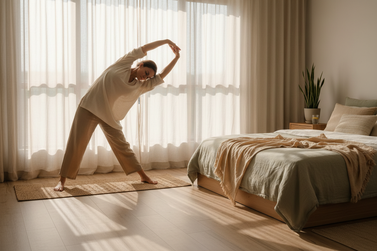 Restorative sleep, person is stretching next to organic mattress from Bio Beds Plus Mattress made in canada