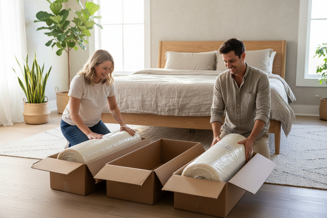 A young man and woman making their diy organic Latex Mattress in a bedroom 