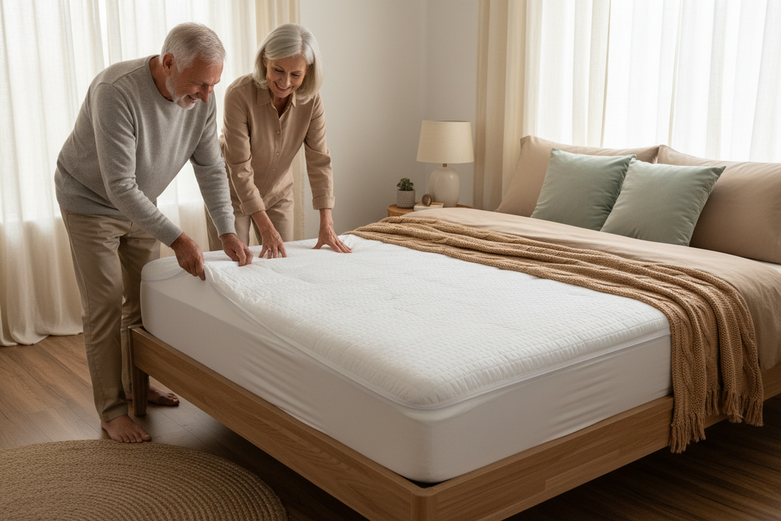 A couple putting a new Sleep and Beyond organic cotton waterproof mattress protector on their mattress