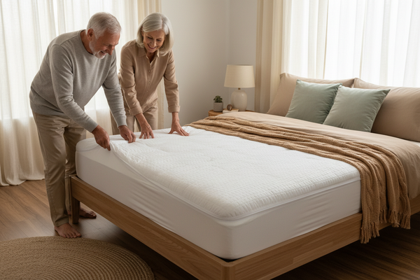 A couple putting a new Sleep and Beyond organic cotton waterproof mattress protector on their mattress