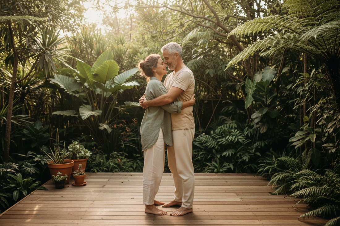 A couple in garden,practicing healthy habits