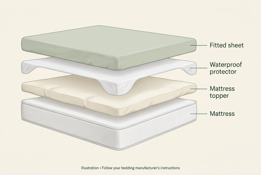 Illustrated bed layers, from bottom to top: mattress, mattress topper, waterproof protector and fitted sheet.