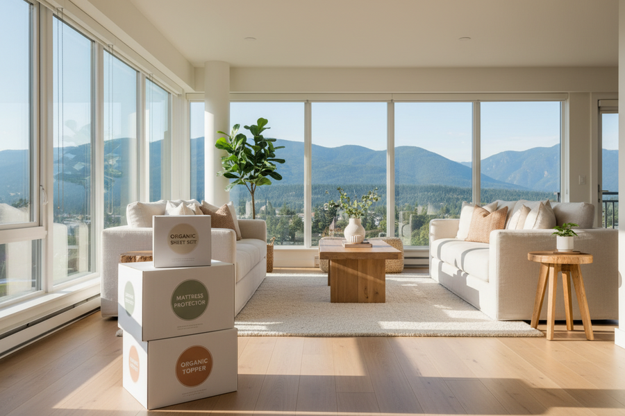 Bedding bundle stacked in living room of Latimer village apartment in Abbotsford BC, Canada