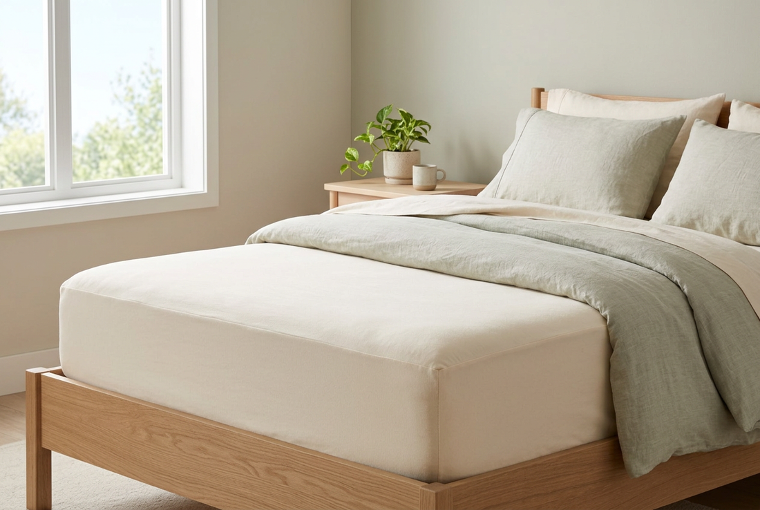 Ivory fitted mattress protector on a wooden bed with a folded sage duvet in a sunlit bedroom.