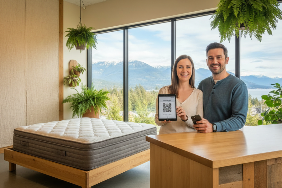 Couple paying for their mattress using bitcoin and having a choice of multiple Crypto currencies. There is the new Canadian-made mattress in the living room of their Fraser Valley new apartment with a view of mountains 