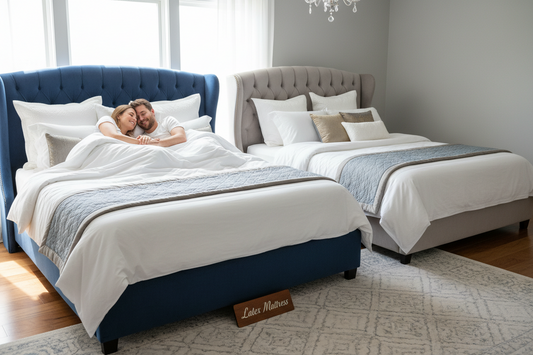 Young couple in deep sleep on latex mattress next to memory foam mattress
