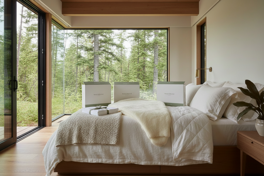 Wool bedding bundle from sleep and beyond laid out in mattress in a bedroom_Canada