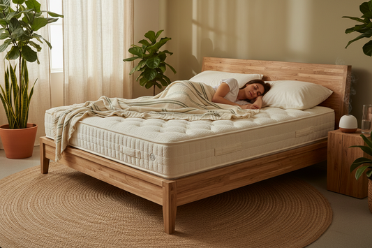 Woman deep in sleep on an organic latex mattress 