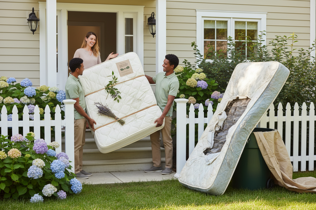 Woman receiving her new Canadian, organic Latex mattress at home, throwing old toxic innerspring mattress out