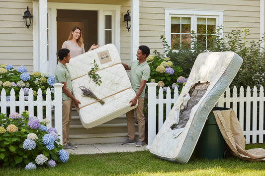 Woman receiving her new Canadian, organic Latex mattress at home, throwing old toxic innerspring mattress out
