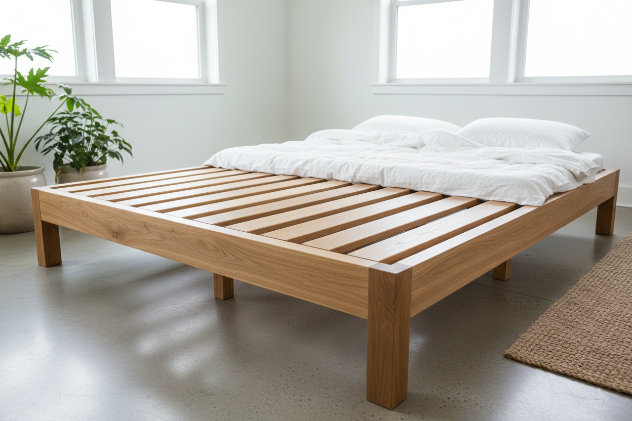 Image of a heavy duty wood foundation for latex mattress _Canada. Closely spaced thick wood support 