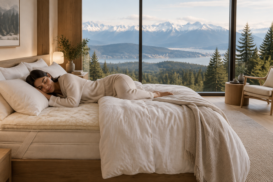 A topper, luxurious and thick filled with wool and latex combined . A lady is asleep in it in a bedroom with view of the mountains in the background 