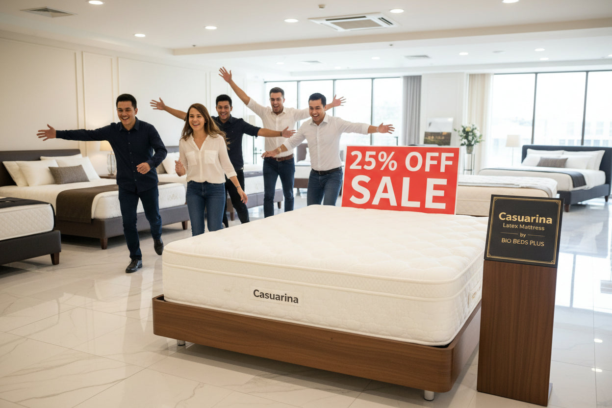 Organic mattress on sale in store in Canada. Excited customers gathered around it