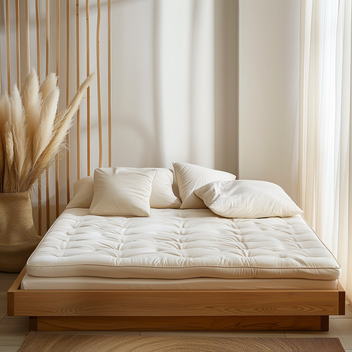 A image shows a thick luxurious ,3 inch topper with wool and latex fill combined , covered with a Cotton percale. The topper is placed on a modern oak color platform bed 