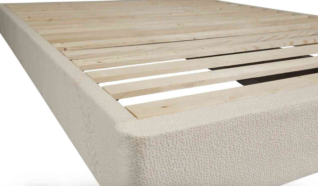 Wood bedframe suitable for heavy latex mattress.  On a white background 