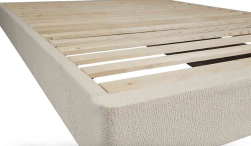 Wood bedframe suitable for heavy latex mattress.  On a white background 