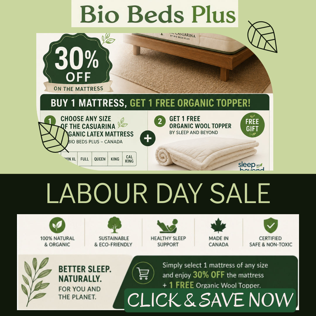 Promotional graphic for 'Bio Beds Plus' featuring a wooden platform bed frame with a beige mattress on a light green background. The ad includes sale text ('30% OFF on the mattress', 'BUY 1 MATTRESS, GET 1 FREE ORGANIC TOPPER!'), product feature icons, and a lower banner for a 'LABOUR DAY SALE' with additional offer details.