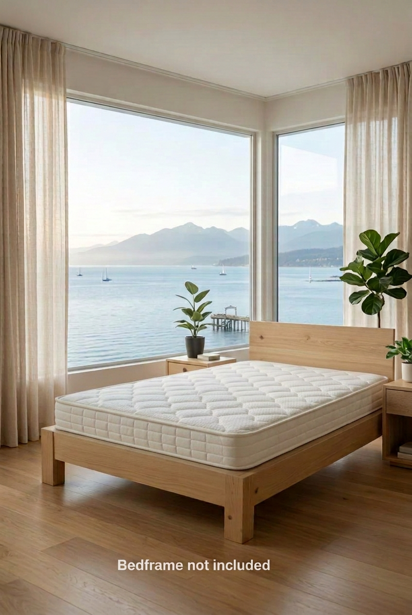 Canadian ORGANIC MATTRESS . Latex Mattress in a bedroom with windows with view of white Rock BC, Canada 
