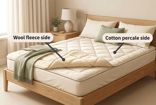 Fleece mattress pad with reverse side wool full. It's folded back to show the other side. Placed on an organic Mattress 