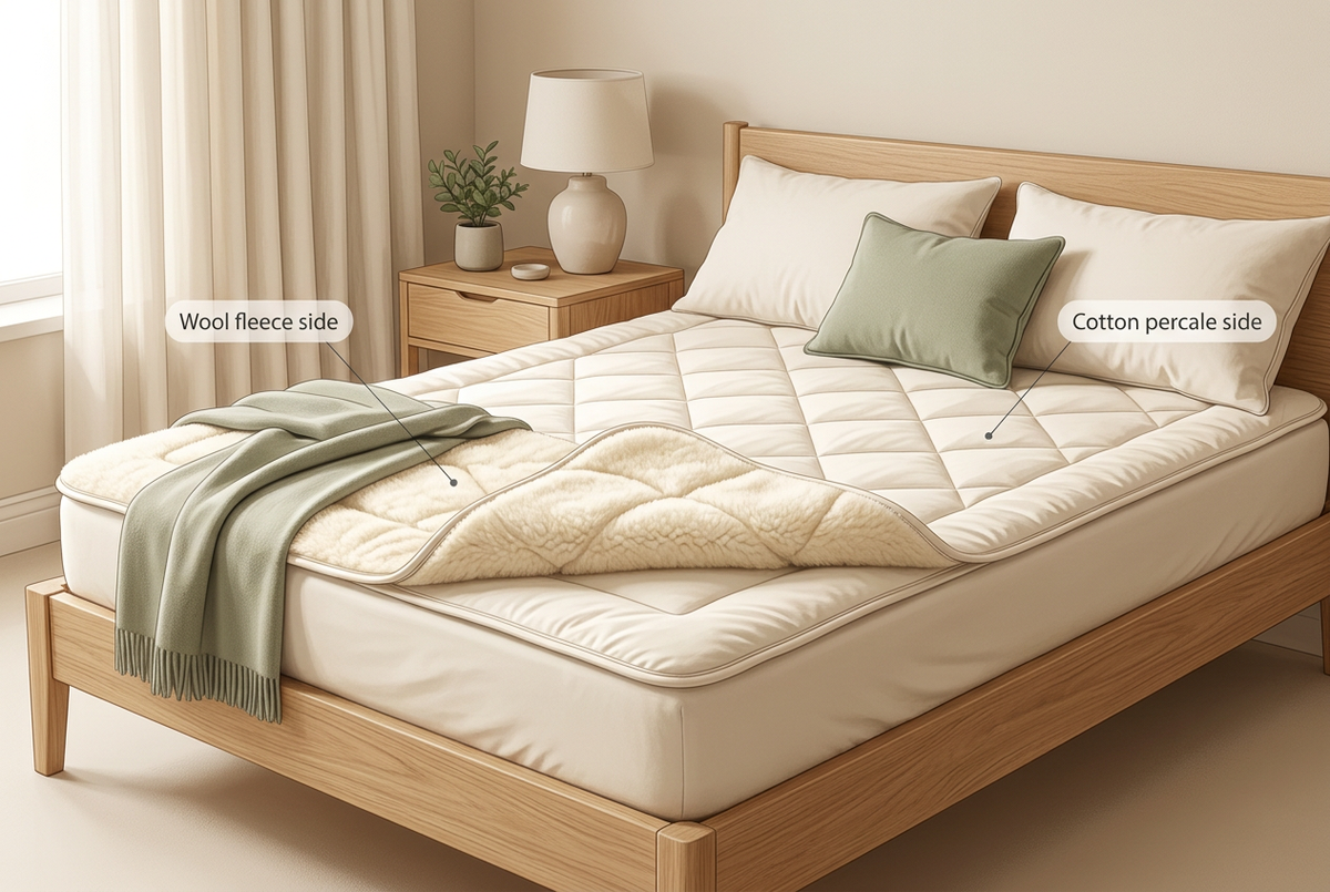 Sleep and Beyond Mattress washable pad with one corner turned up so that you can see the fleece side and the reverse side covered with cotton fabric for cooler weather